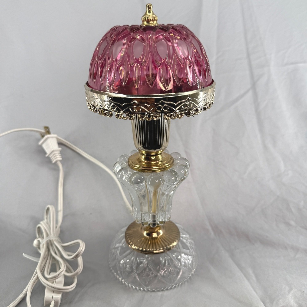 Pink Cranberry Glass Accent Lamp Gold Cut Glass Base Hollywood Regency